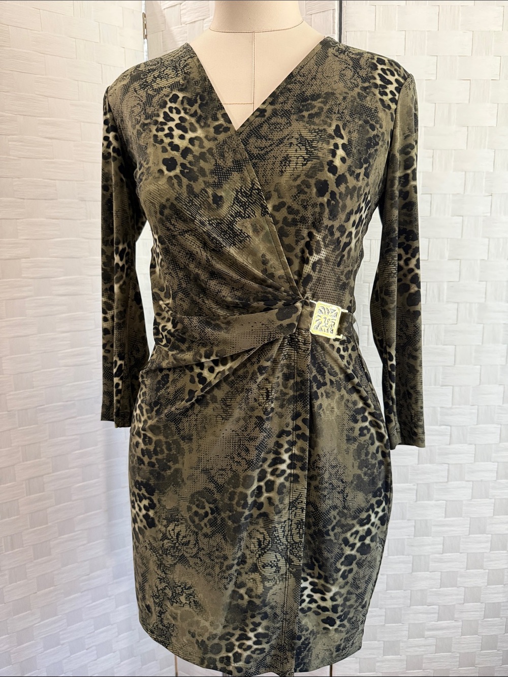 Anne Klein Olive Green Animal-Print Wrap Dress with Buckle